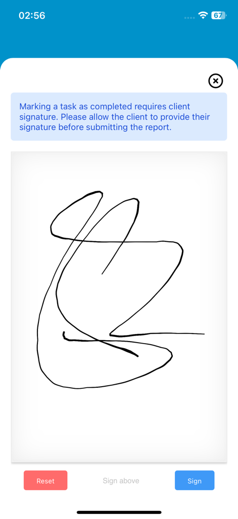 wowo - WOX - Digitaler Signaturbildschirm in der wowo-App zur Aufgabenbestätigung und Berichterstellung