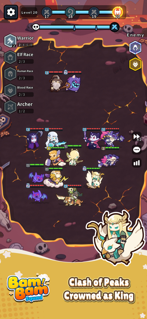 A tactical battle scene in Bam Bam Squad featuring fantasy heroes on a lava themed map