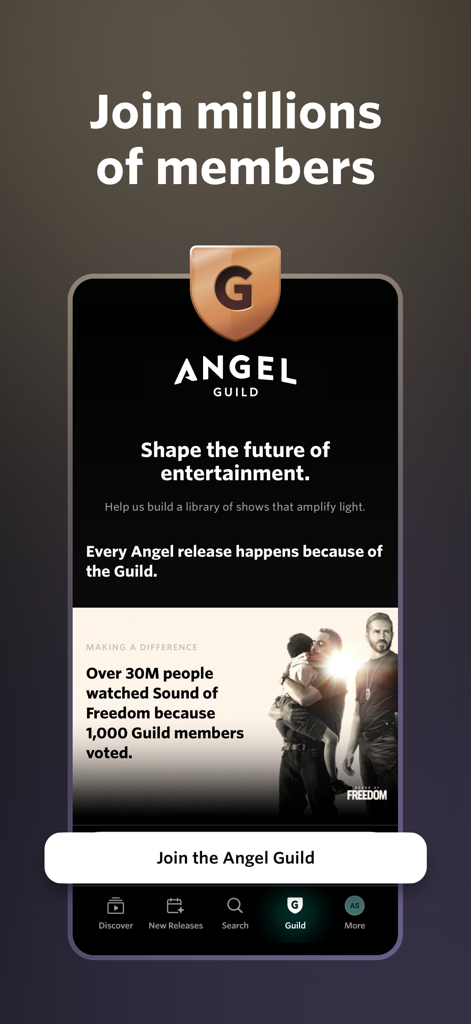 Angel: Stream TV & Movies - Pantalla de la aplicación de Angel Studios invitando a los usuarios a unirse al Angel Guild para votar en estrenos de películas y dar forma al futuro del entretenimiento.