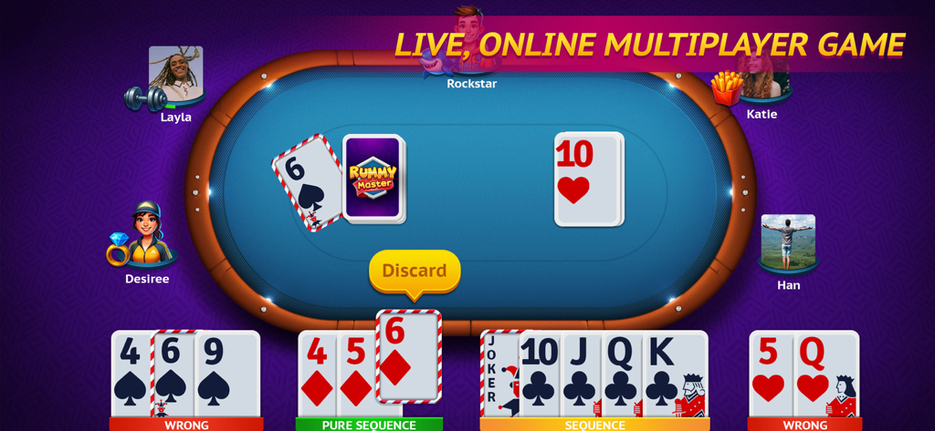 Rummy Master - Online multiplayer gameplay of Rummy Master card game with player avatars and card sequences