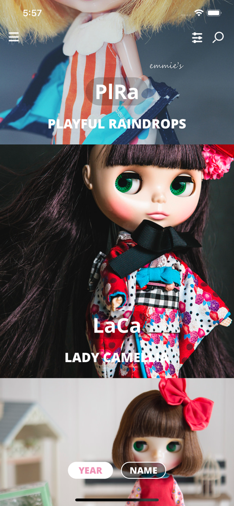 Una galería visual de lanzamientos de muñecas Blythe con Playful Raindrops y Lady Camellia dentro de la aplicación de colección
