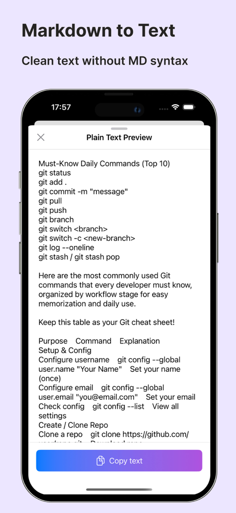 Markdown Converter - .docx/PDF - Visualização de conversão de Markdown para texto limpo mostrando uma lista de comandos Git em uma tela móvel
