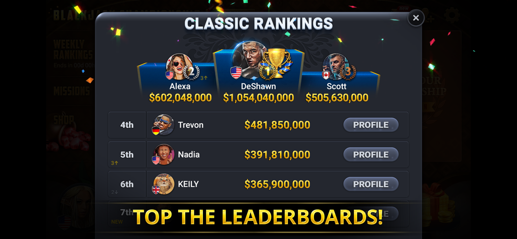 Blackjack Championship - Blackjack Championship app classic rankings leaderboard showing top global players and their earnings.
