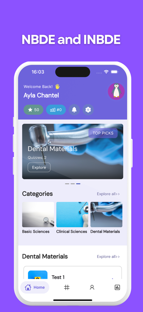 Dental Mastery app home screen displaying study categories and practice tests for dental board exams.