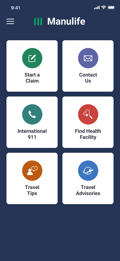 Manulife TravelAid - Manulife TravelAid mobile app dashboard featuring icons for starting a claim, contacting support, international 911, finding health facilities, travel tips, and travel advisories.