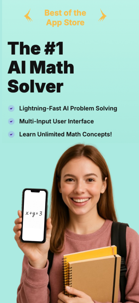 Math AI: Photo Math Solver AI - A smiling student holding a smartphone with a math equation and a list of AI math solver features