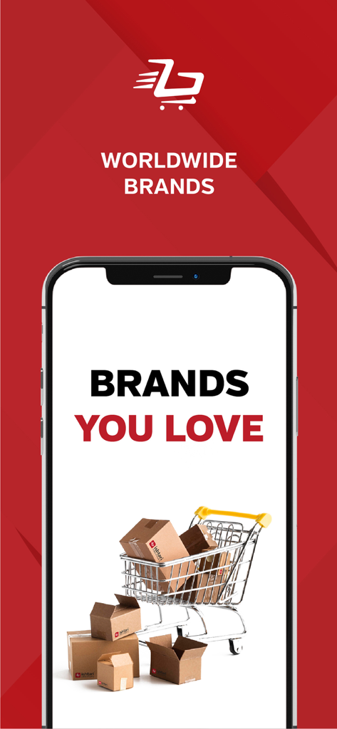 Ishtari mobile app screen featuring worldwide brands with a shopping cart and delivery boxes