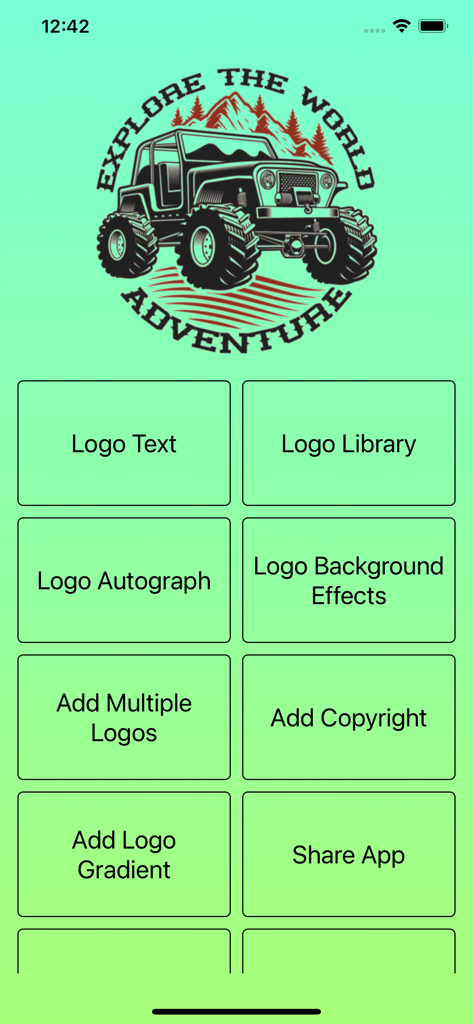 Logo Maker and Design Creator - Logo Maker app interface displaying an adventure logo design and menu options for text, library, and effects