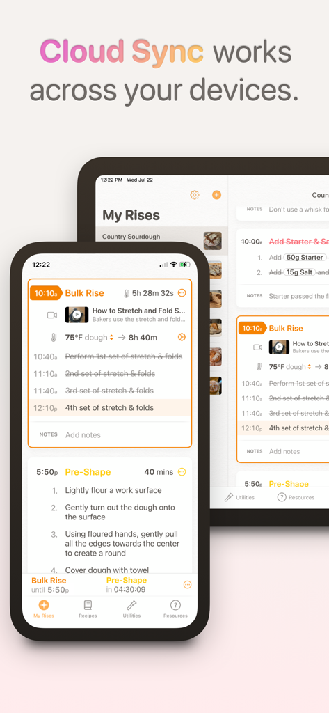 Rise: Baking & Bread Recipes - Rise baking app Cloud Sync feature shown on iPhone and iPad with bread recipe schedules
