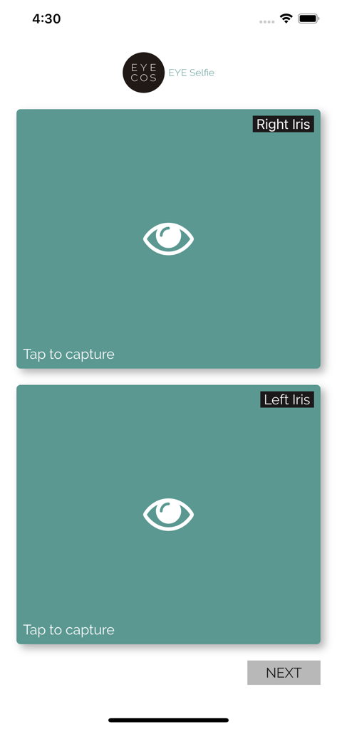 EyeCos EYE Selfie - Interfaz de la aplicación EyeCos EYE Selfie que muestra secciones para capturar fotos de iris derecho e izquierdo