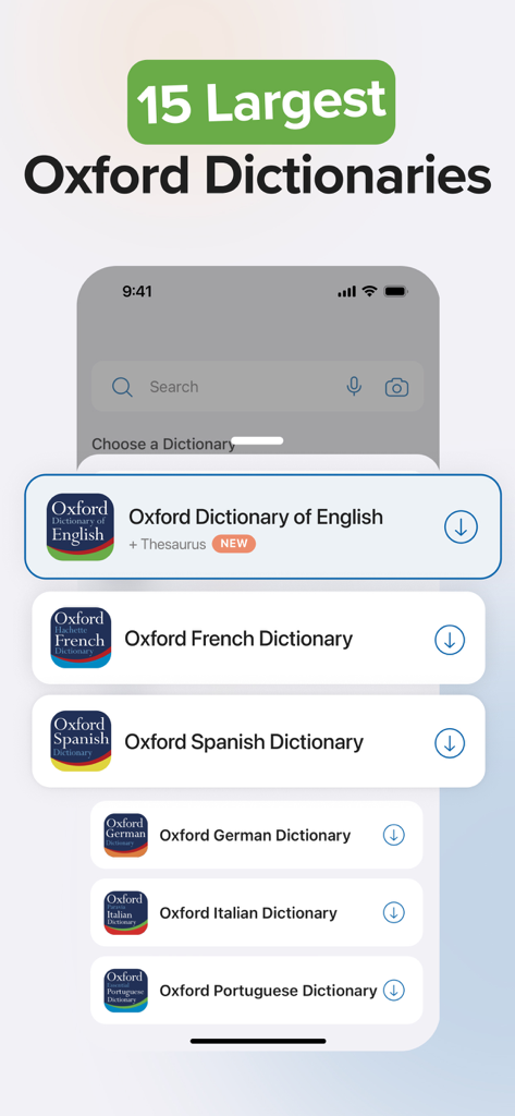 List of 15 Oxford dictionaries in different languages within the app interface