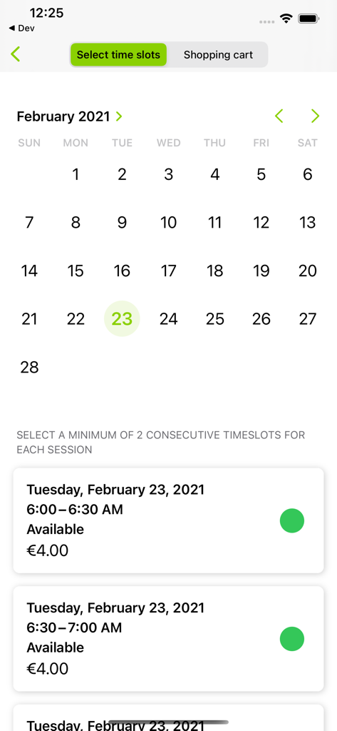 Dance Makers - Interfaccia per la selezione delle fasce orarie e la prenotazione di uno studio di danza nell'app Dance Makers.