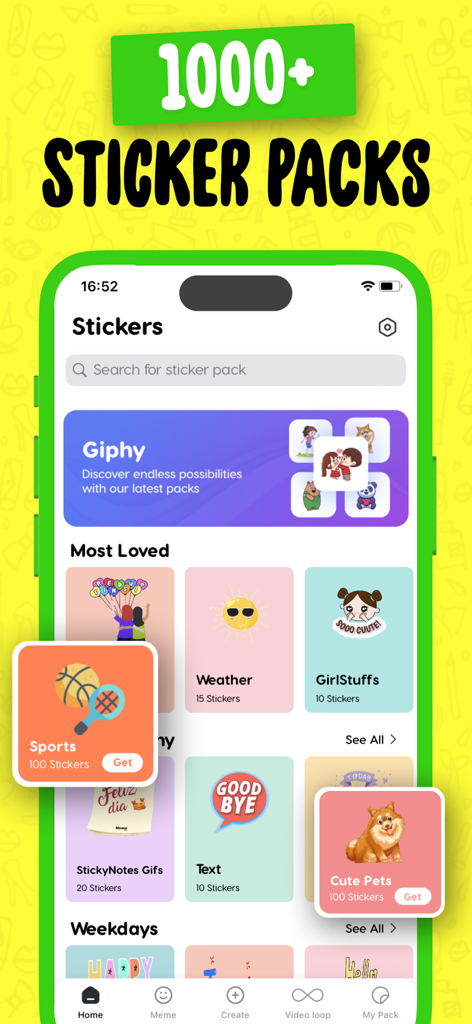 Sticker Maker app home screen featuring a wide variety of sticker packs and categories
