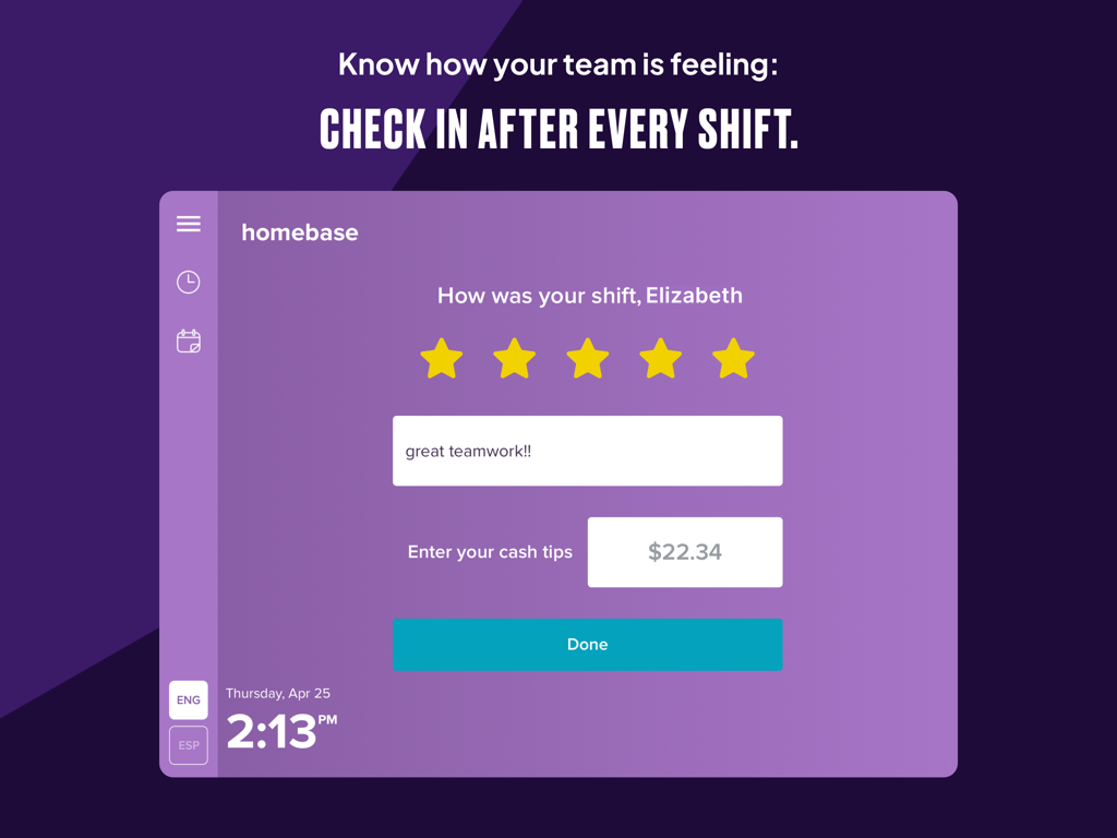 Homebase app interface showing an employee shift check in screen with star ratings and cash tips entry