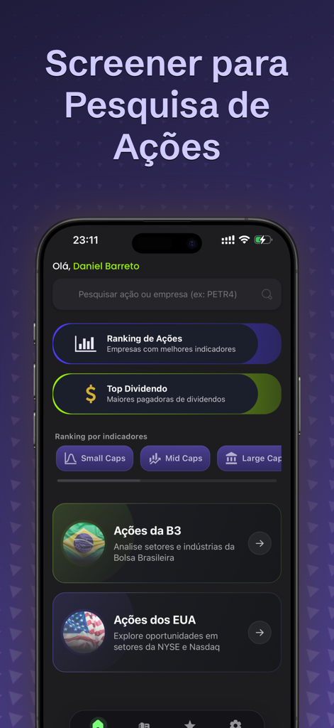 Gaze - Análise Fundamentalista - Interfaz de la aplicación Gaze que muestra rankings de acciones y análisis de dividendos para los mercados de EE. UU. y Brasil.