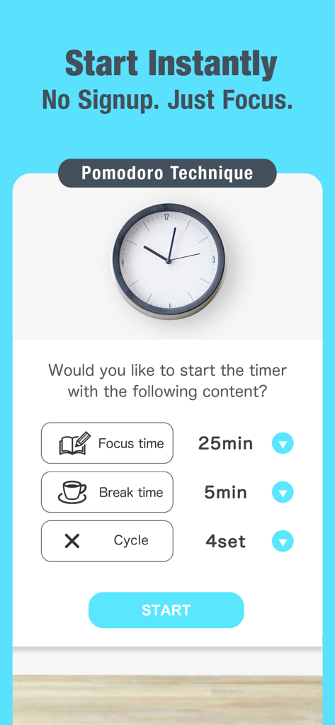 Study Timer: Focus & Pomodoro - Pantalla de la aplicación Study Timer con configuraciones de la técnica Pomodoro para sesiones de enfoque y descanso