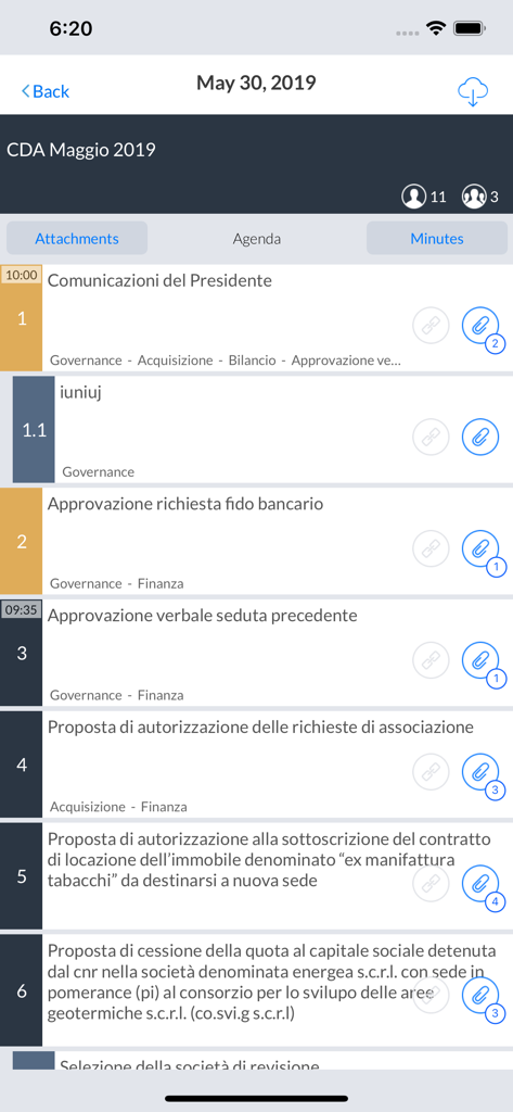 Digital board meeting agenda interface on the CDA ON BOARD 3 app showing meeting items and attachments.