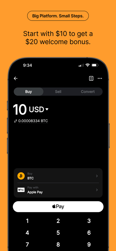 Bybit: Buy Bitcoin & Crypto - Bybit-App-Bildschirm, der einen Bitcoin-Kauf im Wert von zehn Dollar mit Apple Pay zeigt.