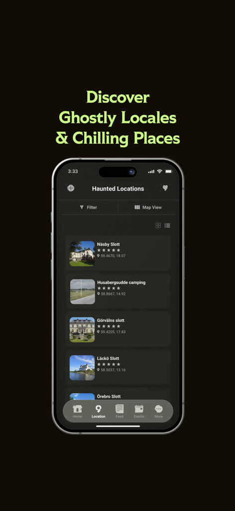 GHOST - Mobile app screen displaying a list of haunted locations with ratings and coordinates