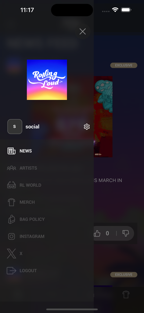 Rolling Loudアプリのサイドバーナビゲーションメニュー、ニュース、アーティスト、グッズ、ソーシャルメディアリンクのオプションが表示されています