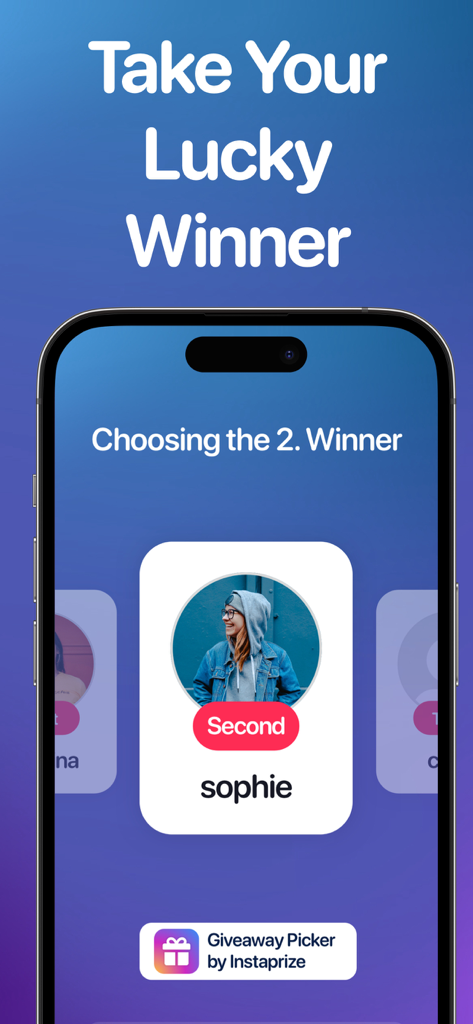 Giveaway Picker by Instaprize - Mobile app interface showing the selection of a second winner for an Instagram giveaway.