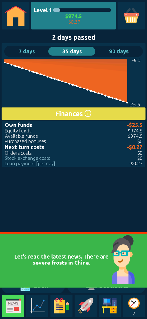 Tableau de bord des finances dans une application de simulateur de marché boursier montrant les détails des fonds et un conseil de trading basé sur l'actualité
