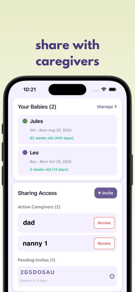 Sonito: Baby Sleep Tracker - Tela do aplicativo Sonito exibindo perfis de bebê e acesso de compartilhamento para vários cuidadores