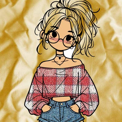 girl with a messy ponytail glasses a baggy crop top and jean shorts