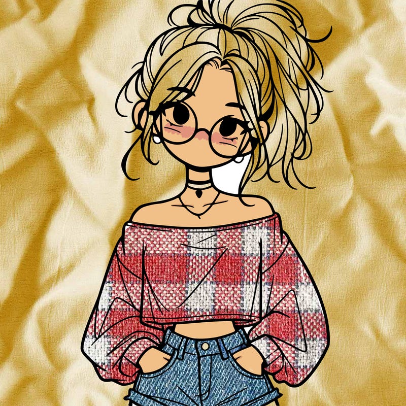 girl with a messy ponytail glasses a baggy crop top and jean shorts