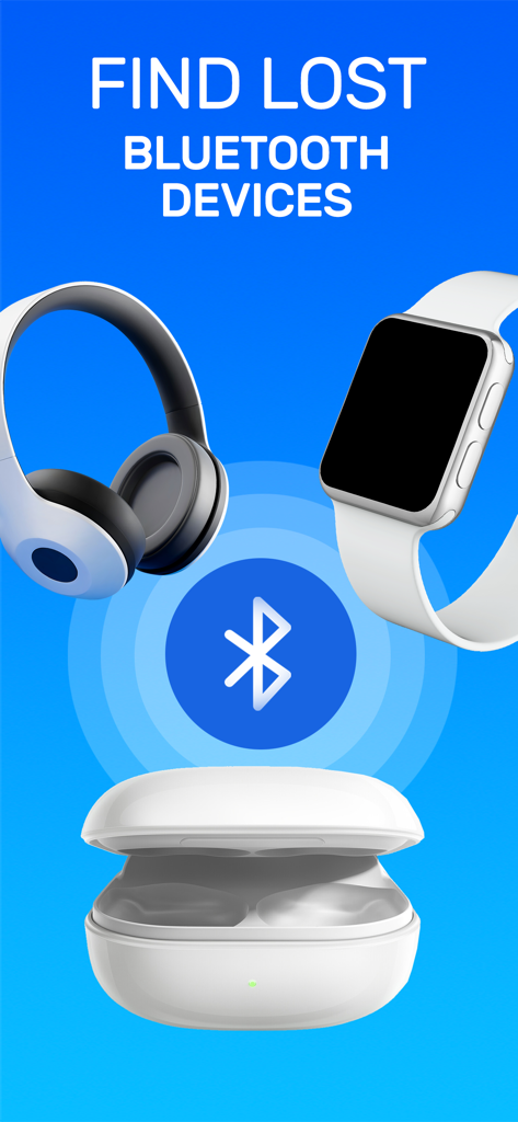 AirTracker app screen for finding lost Bluetooth devices including headphones and smartwatches