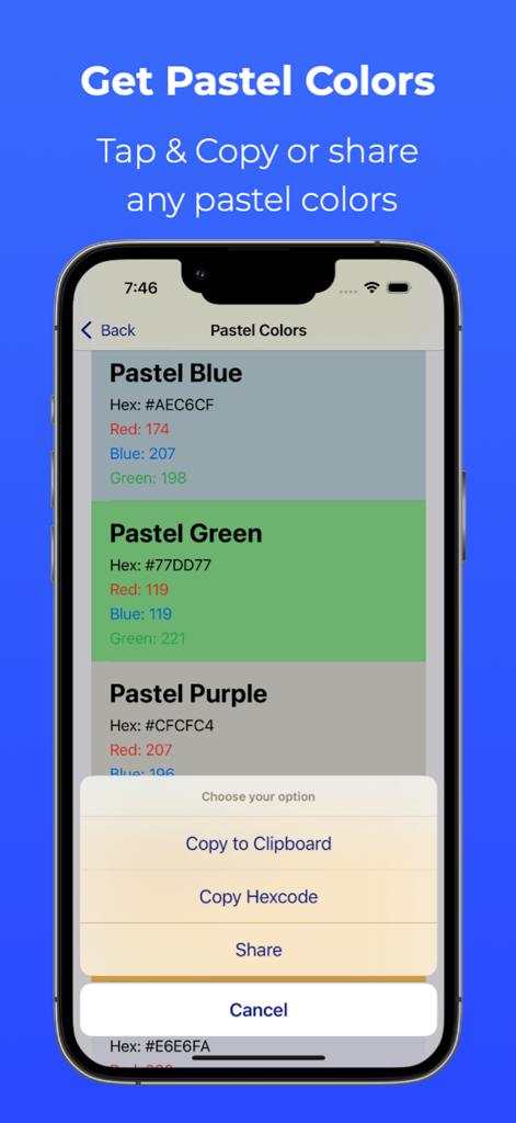 16진수 코드를 복사하거나 공유하는 메뉴와 함께 파스텔 색상 목록을 표시하는 ColorPixel 앱 화면.