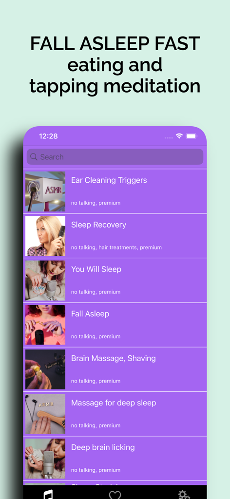 Asmr sounds: eating, mukbang - Interface of the ASMR sounds app showing various sleep and relaxation sound triggers