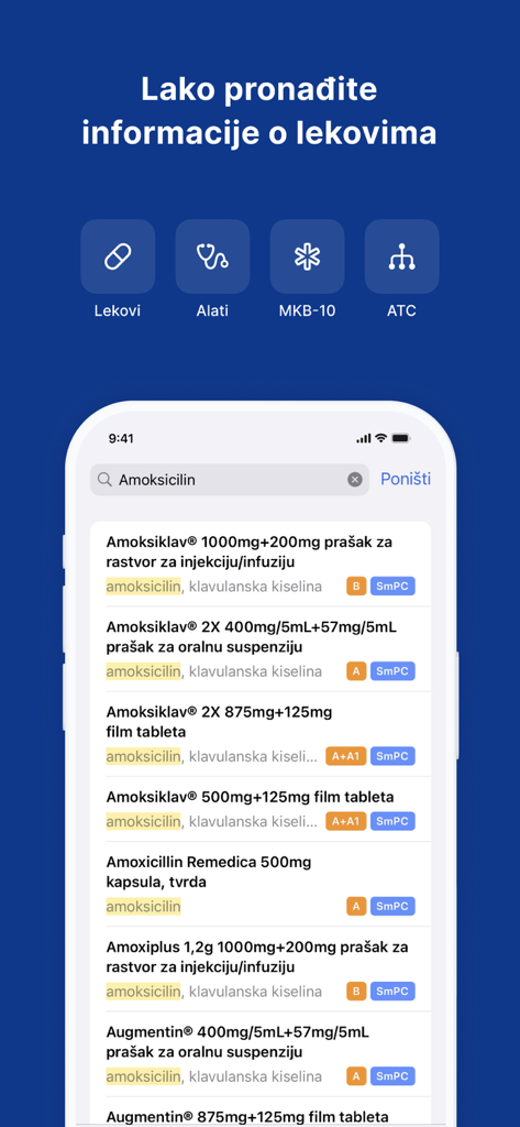 Mediately Baza Lekova - Drug search results for Amoxicillin in the Mediately Baza Lekova medical app