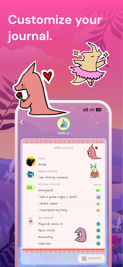 A screenshot of the Voidpet Garden app showing a customized journal page with cute fantasy creatures and a mood tracker.