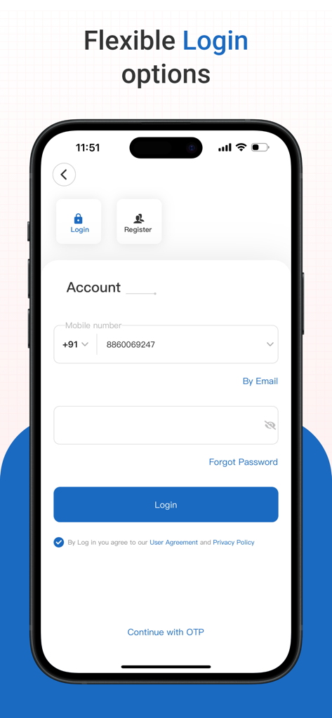 ezyLiv plus App-Anmeldebildschirm mit flexiblen Anmeldeoptionen