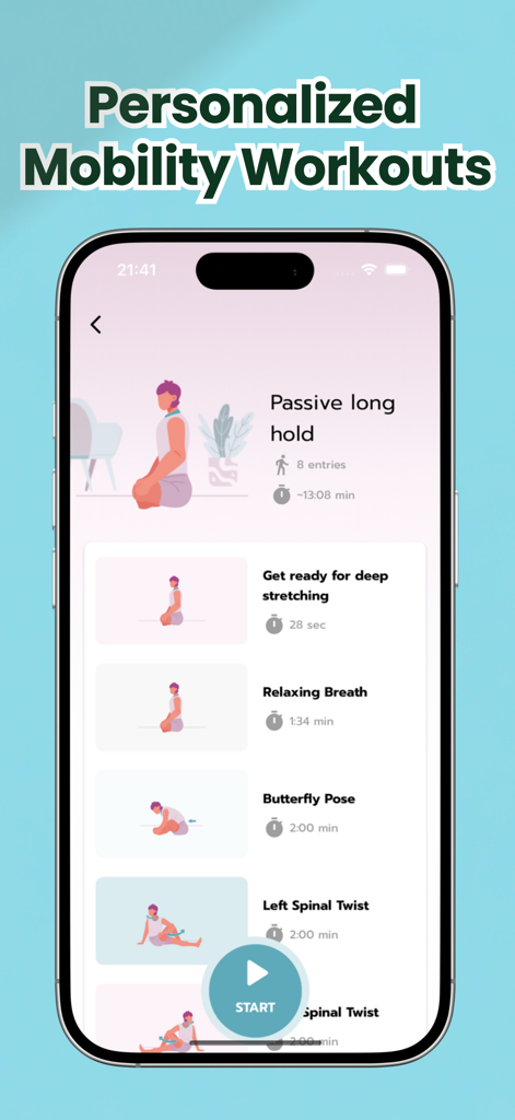 Pain-Free Running App - RunZen - A list of personalized mobility and stretching exercises in the RunZen app interface