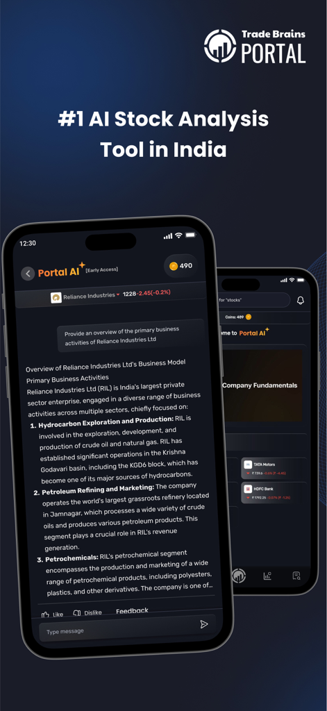 Trade Brains Portal - Trade Brains Portal app interface displaying AI-powered fundamental analysis and business overview for Reliance Industries on a mobile screen.