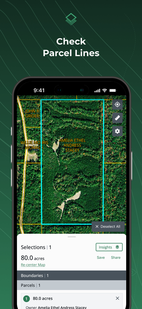 Acres: Land Data & Parcel Maps - Acresアプリのインターフェイス。衛星マップに土地区画の境界線と土地所有者情報を表示