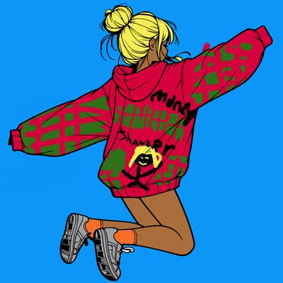 realistic girl jumping with a bun and oversized sweatshirt
