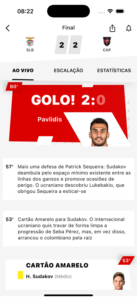 A BOLA - Interfaccia dell'app A BOLA che mostra punteggi live delle partite di calcio, avvisi sui gol e statistiche dettagliate della partita per una partita del campionato portoghese.