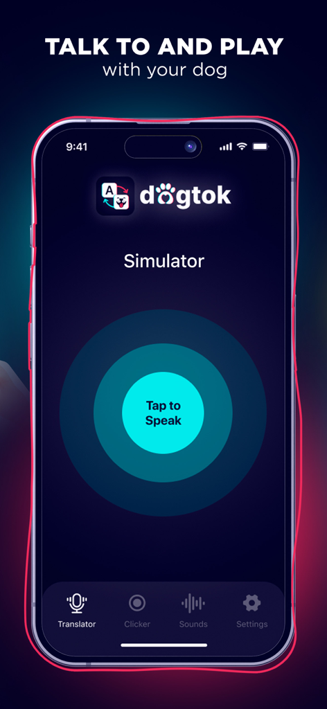 Pantalla simuladora de la aplicación DogTok que muestra un botón de tocar para hablar para comunicarse con perros