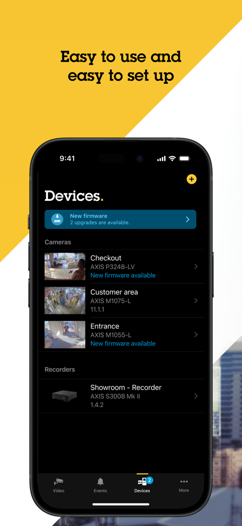 La aplicación móvil AXIS Camera Station Edge que muestra la pantalla de gestión de dispositivos con cámaras de seguridad conectadas.