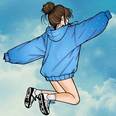 realistic girl jumping with a bun and oversized sweatshirt