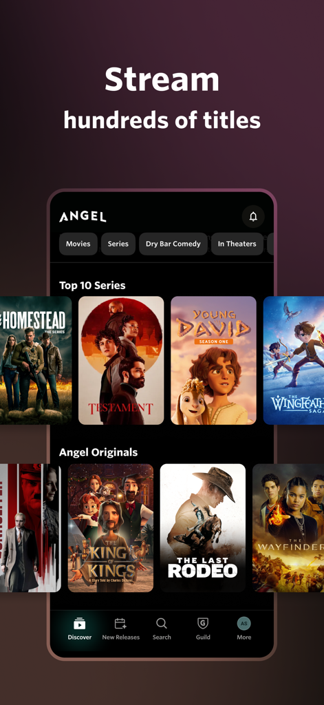 Angel app interface displaying various movies and series for streaming.