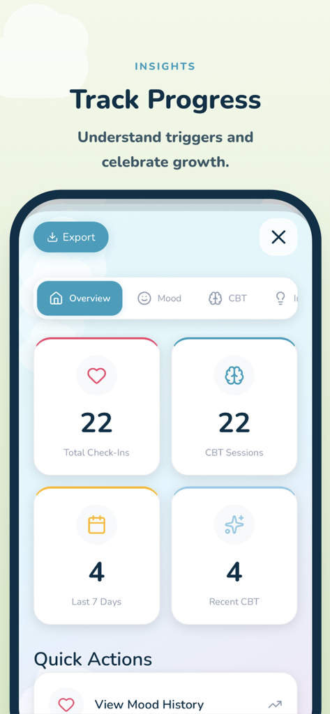 Calmbud: Kids Calm Sessions - Painel de insights do aplicativo Calmbud exibindo o rastreamento de progresso para check-ins de crianças e sessões de TCC