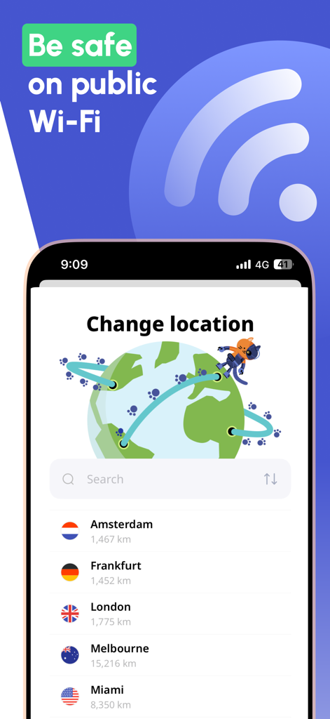 CyberCat VPN app interface showing the change location screen with a global map and a list of secure servers in Amsterdam Frankfurt and London