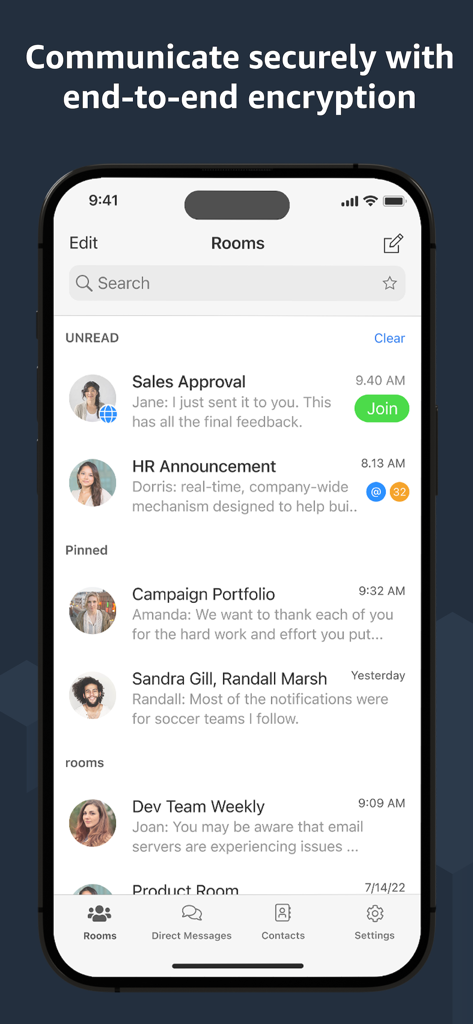 AWS Wickr - AWS Wickr mobile app interface showing secure encrypted group chat rooms for business communication