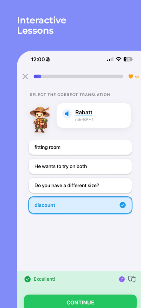 lairner - Lairner mobile app interactive translation lesson showing a vocabulary exercise for the word Rabatt