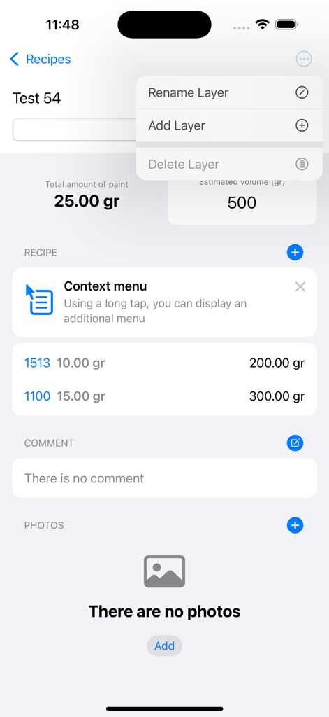 AutoPaint Pro - Vista detallada de una receta de pintura automotriz en AutoPaint Pro con menú de gestión de capas y mediciones en gramos