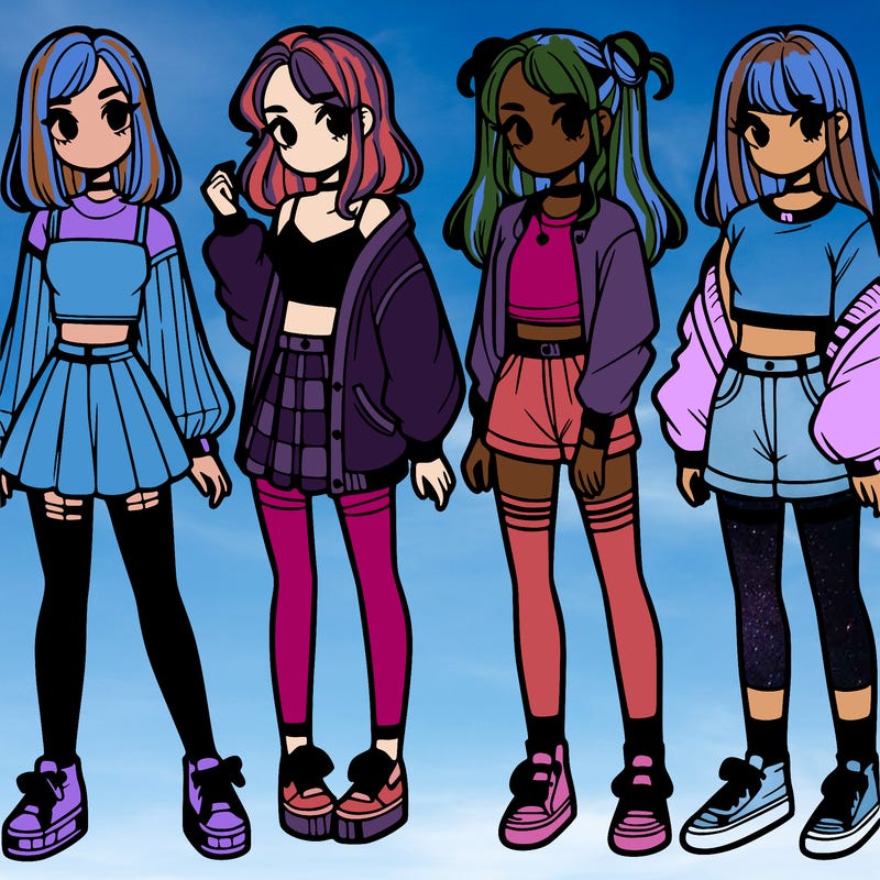 one girl with crop-top shirt and a jacket with a skirt, long socks and another girl with a shirt and pants with a jacket